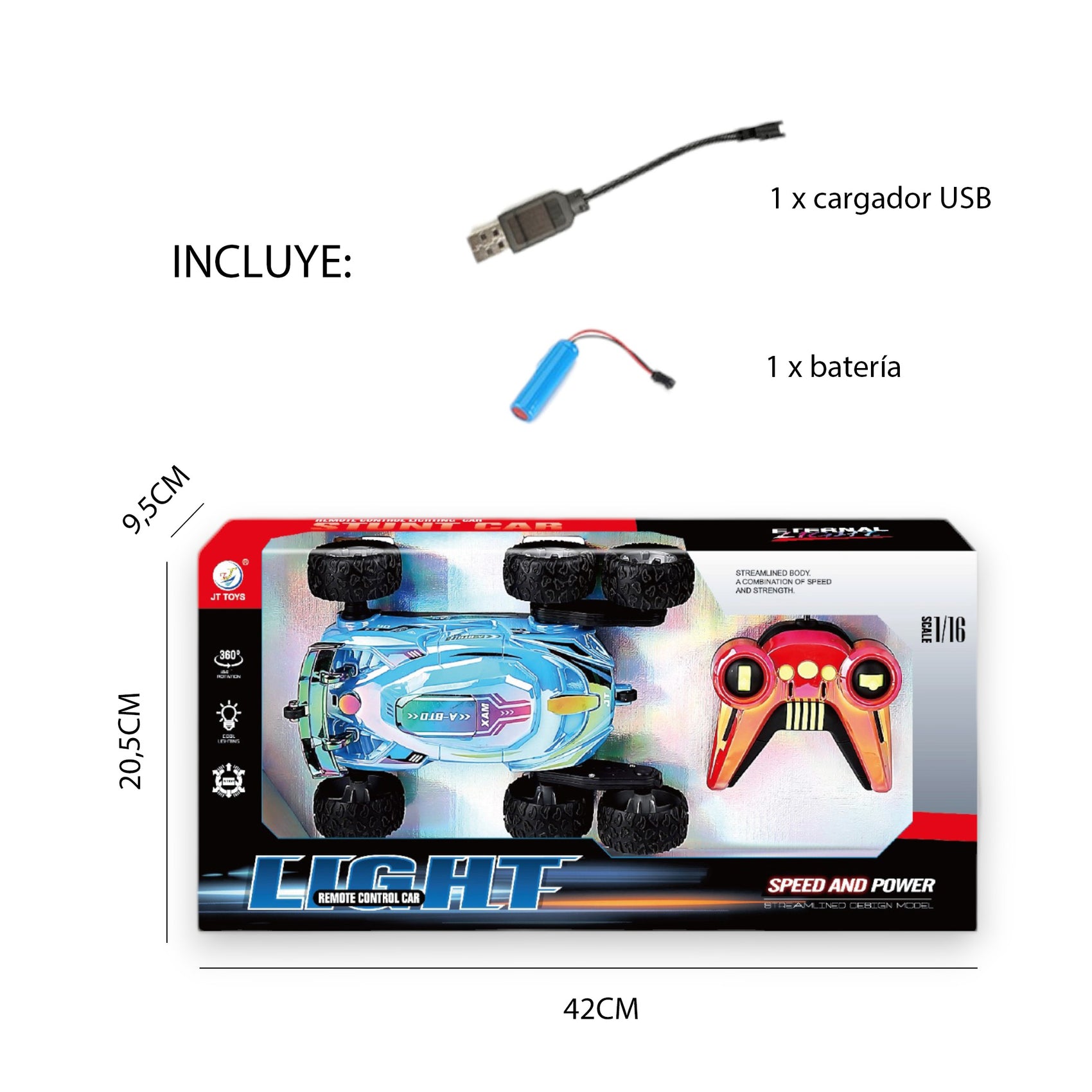 Coche Acrobático Radiocontrol con 6 Ruedas Color Brillante Movimiento 360 Grados con Luces Escala 1:16