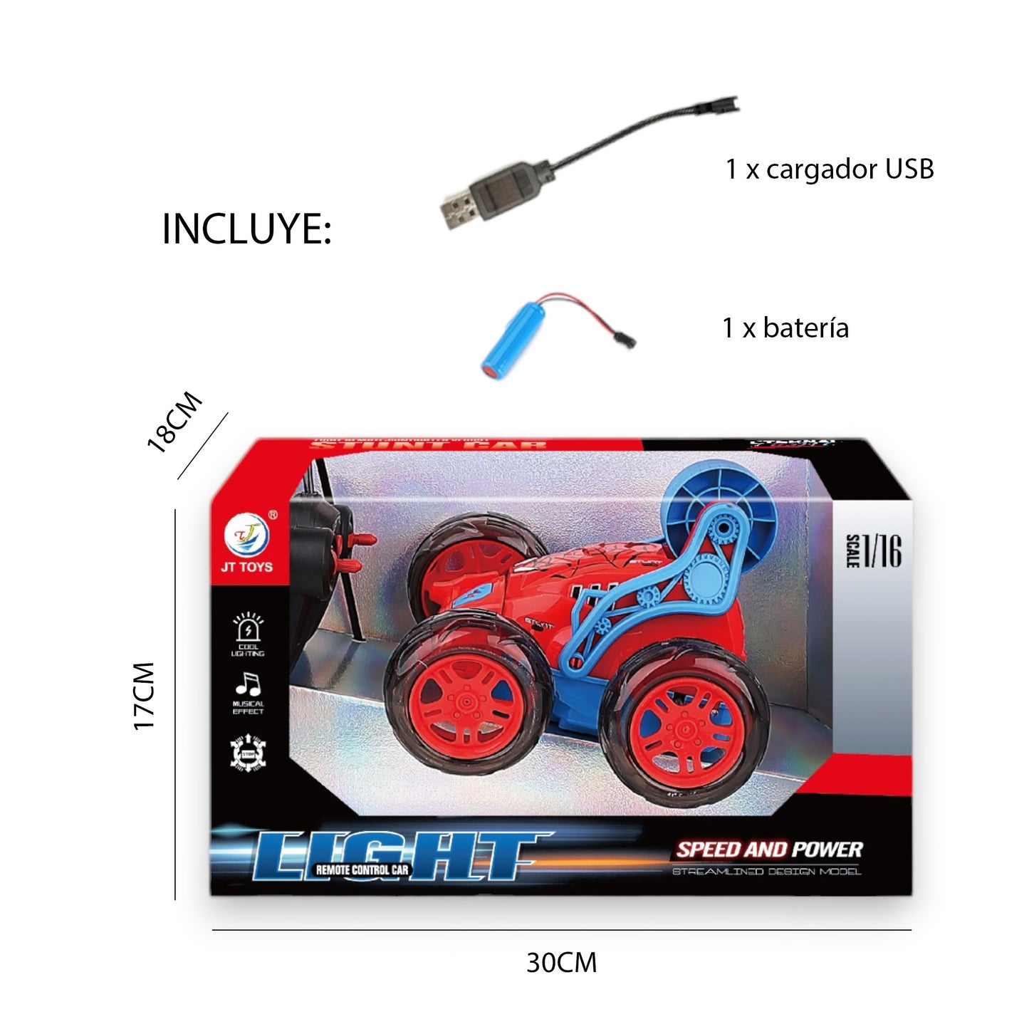 Coche Acrobático Spider Radiocontrol Movimiento 360 Grados con Luces y Música Escala 1:16