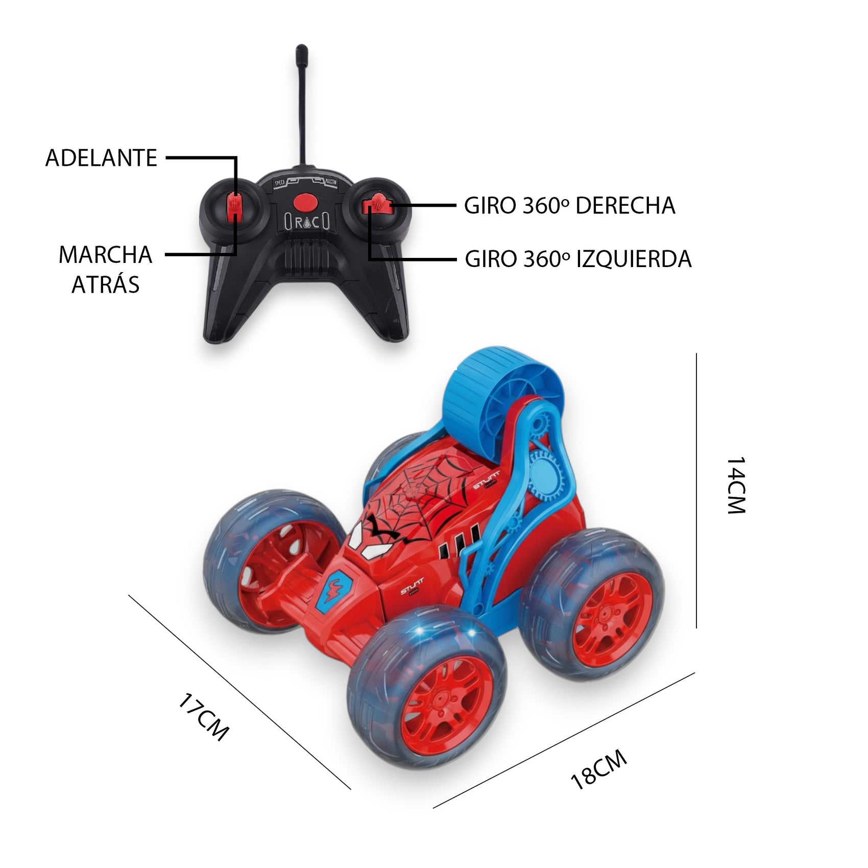 Coche Acrobático Spider Radiocontrol Movimiento 360 Grados con Luces y Música Escala 1:16