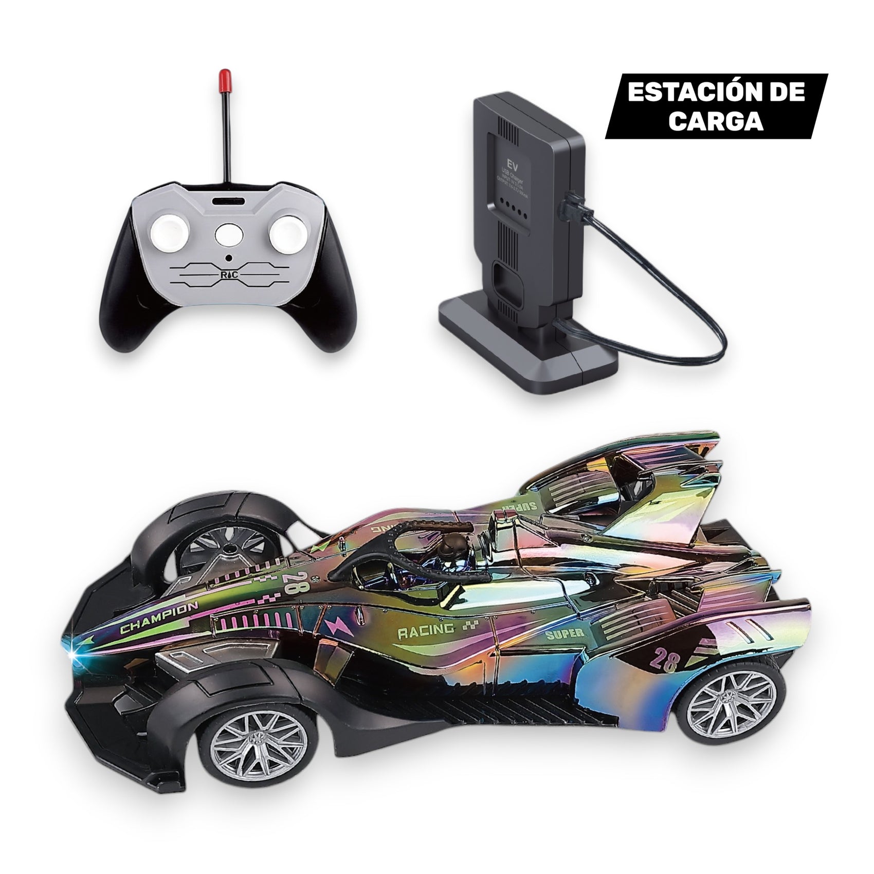 Coche de Carrera Radiocontrol Cromado Multicolor con Estación de Carga y Luces Escala 1:14