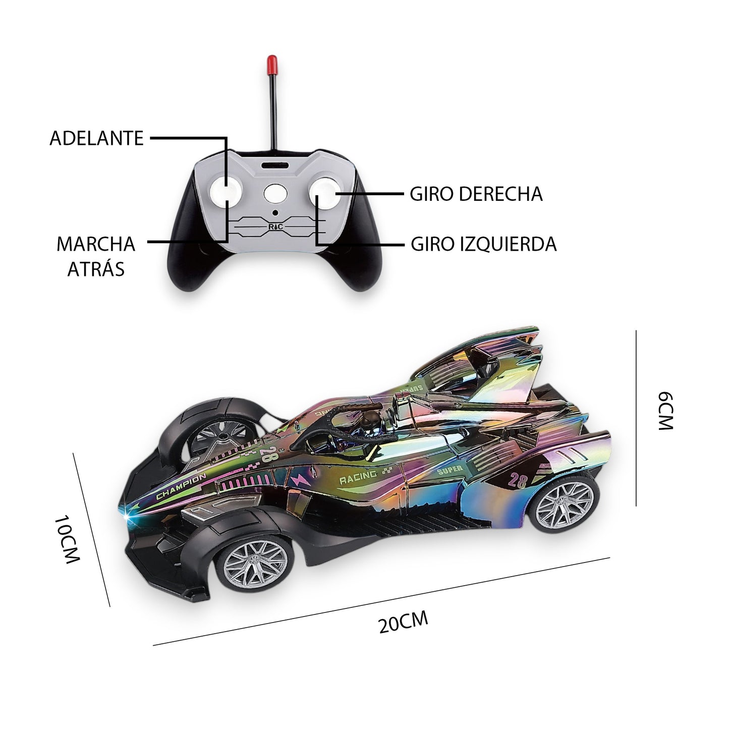 Coche de Carrera Radiocontrol Cromado Multicolor con Estación de Carga y Luces Escala 1:14