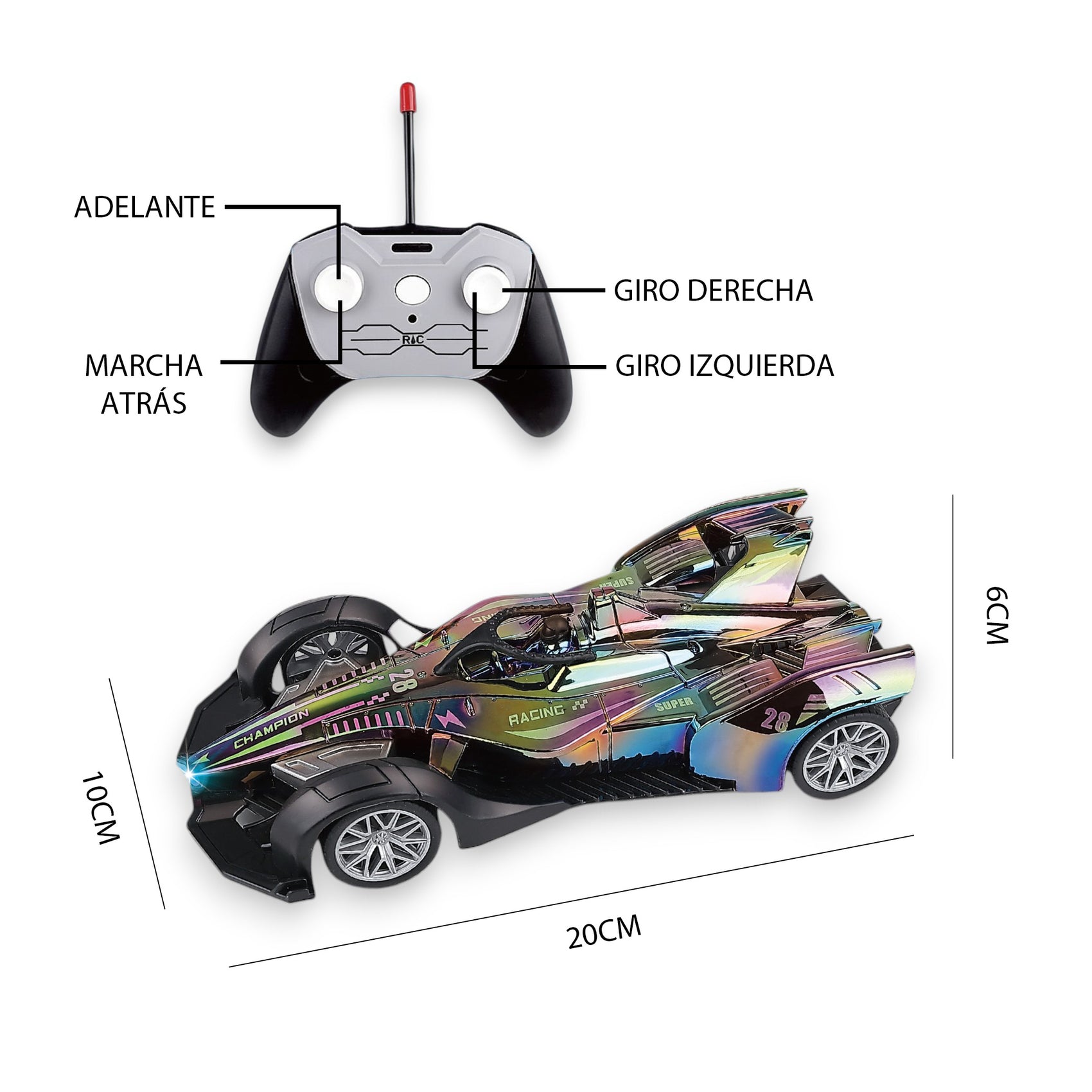 Coche de Carrera Radiocontrol Cromado Multicolor con Estación de Carga y Luces Escala 1:14