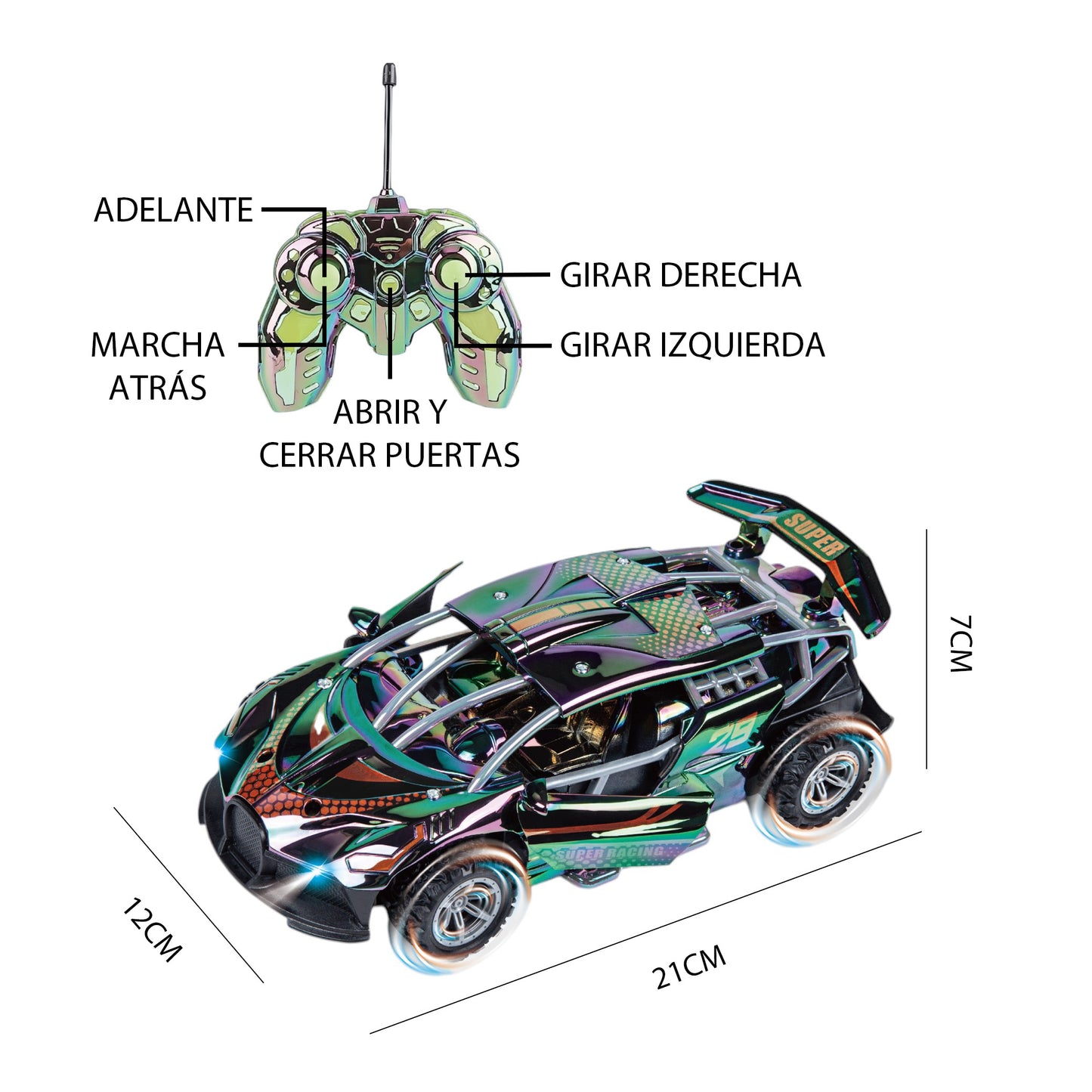 Coche Superdeportivo Radiocontrol Cromado Multicolor con Puertas Automáticas y Luces Escala 1:18