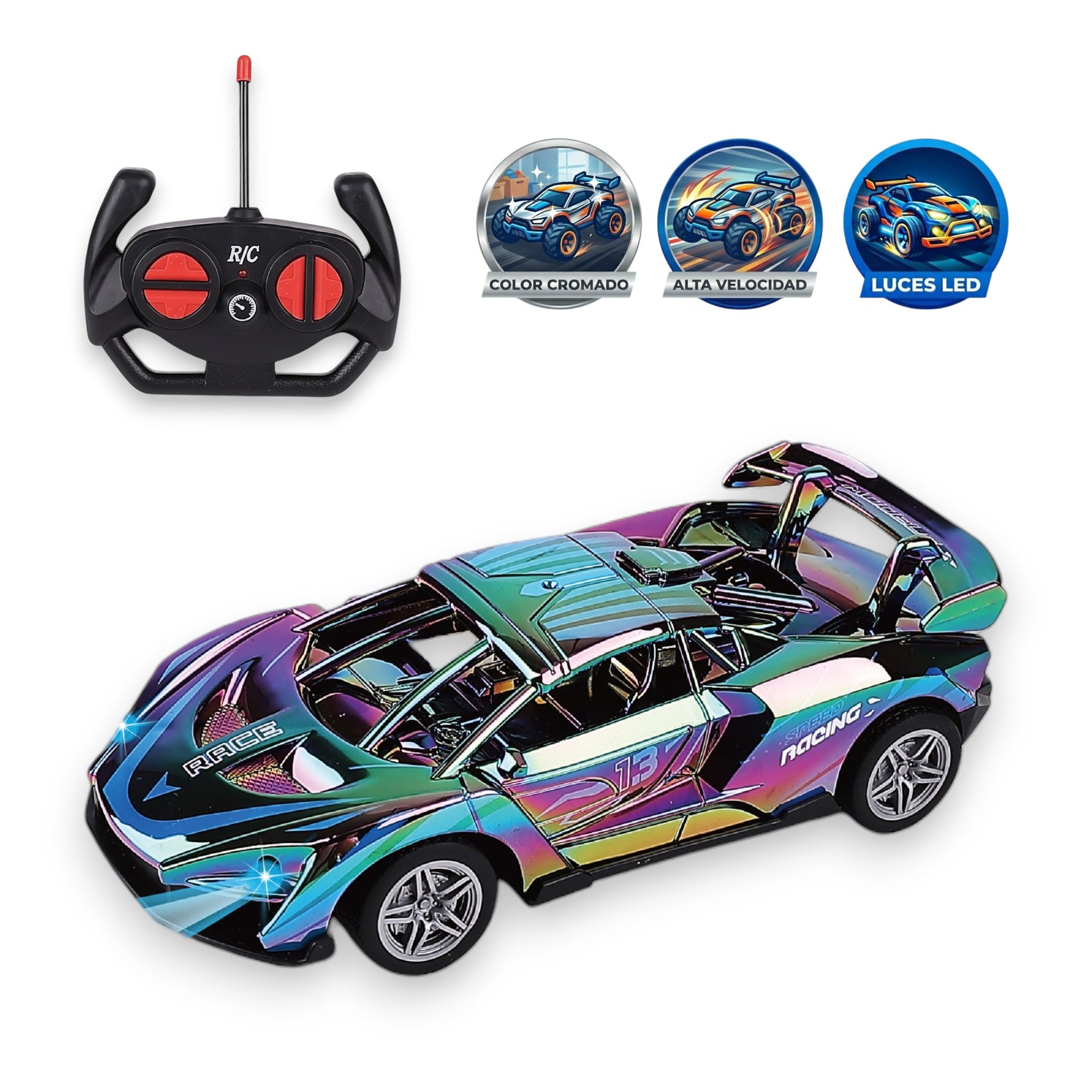 Coche Superdeportivo Radiocontrol Cromado Multicolor con Luces Escala 1:20