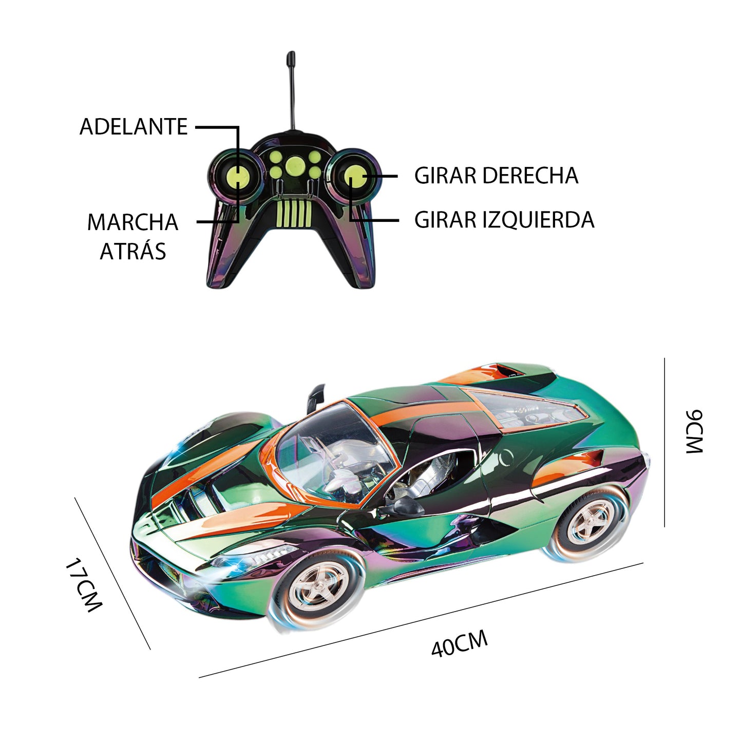 Coche Deportivo Radiocontrol Cromado Multicolor con Luces Escala 1:8