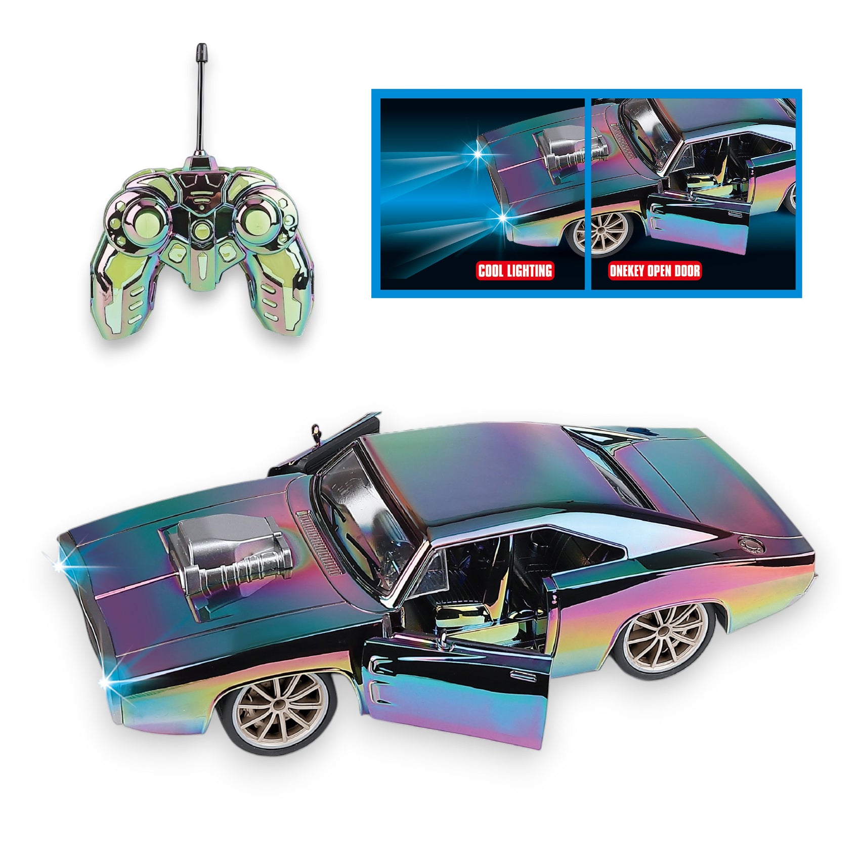 Coche Deportivo Vintage Radiocontrol Cromado Multicolor con Puertas Automáticas y Luces Escala 1:12