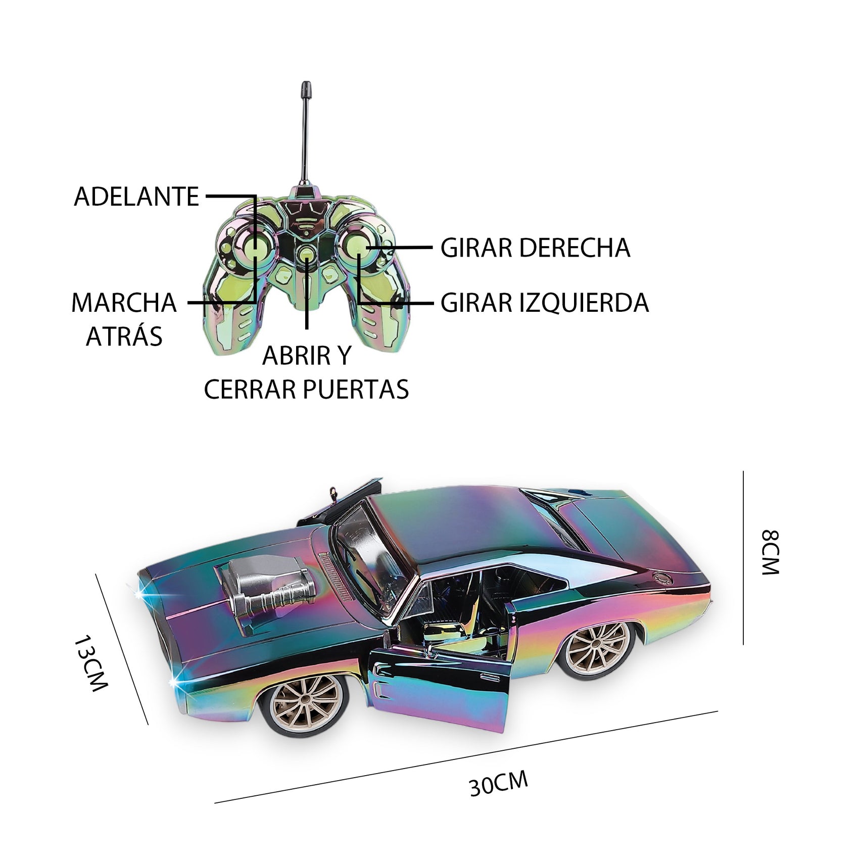 Coche Deportivo Vintage Radiocontrol Cromado Multicolor con Puertas Automáticas y Luces Escala 1:12