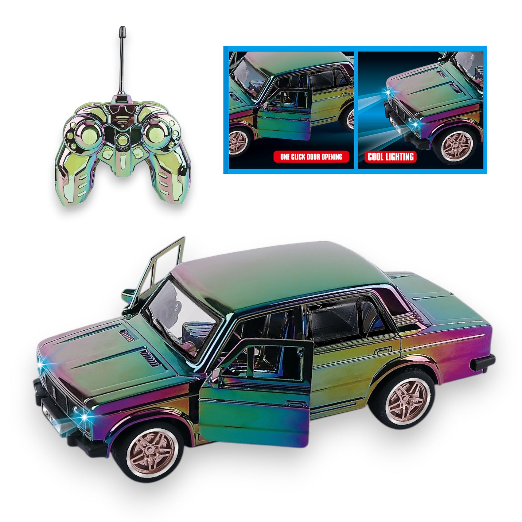 Coche Vintage Radiocontrol Cromado Multicolor con Puertas Automáticas y Luces Escala 1:16