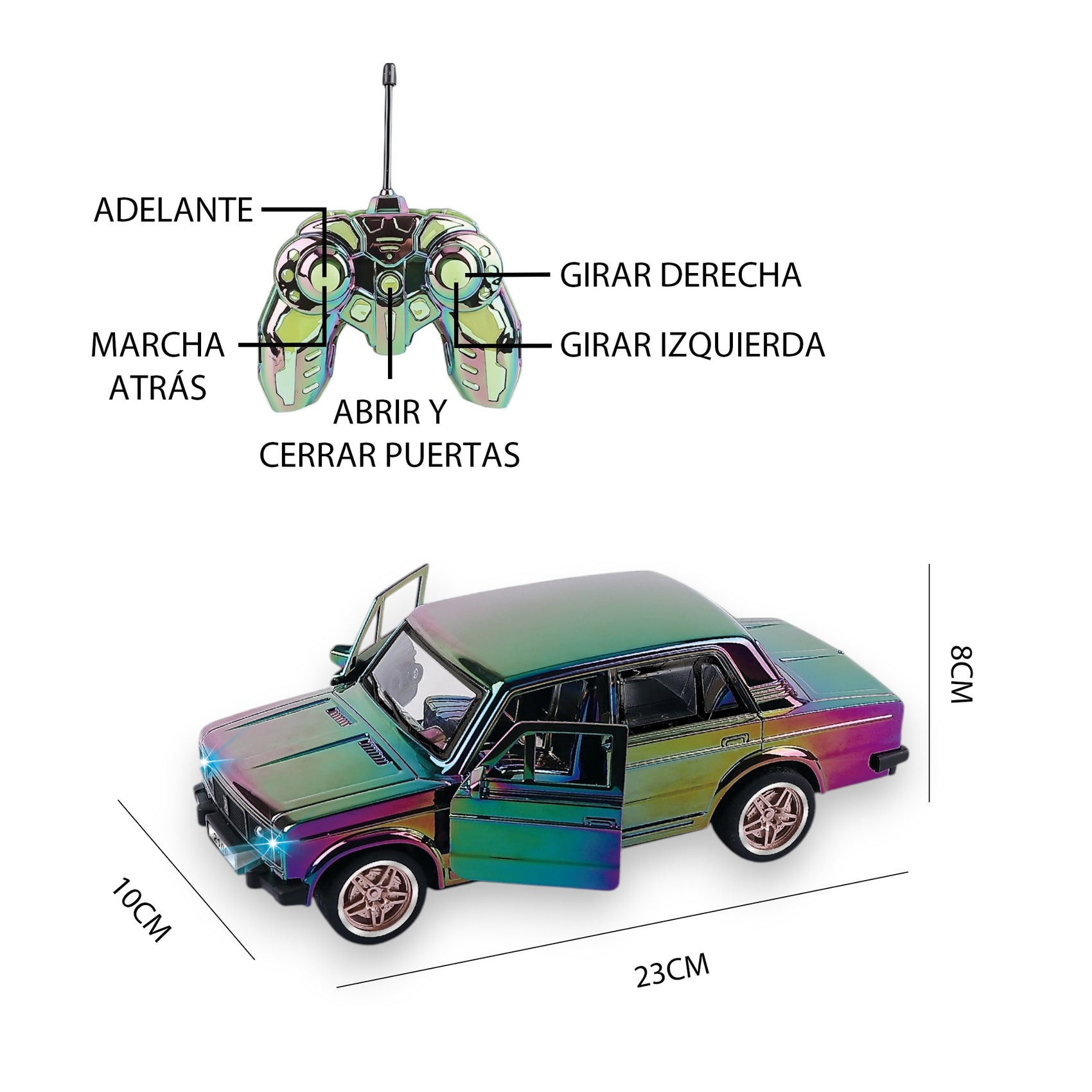 Coche Vintage Radiocontrol Cromado Multicolor con Puertas Automáticas y Luces Escala 1:16