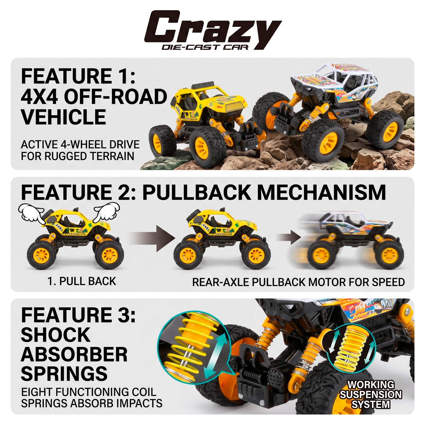 Coche Todoterreno de Metal de Fricción Pullback Buggy 4x4 con Suspensión Real de Resorte Luces LED y Sonido para Niños