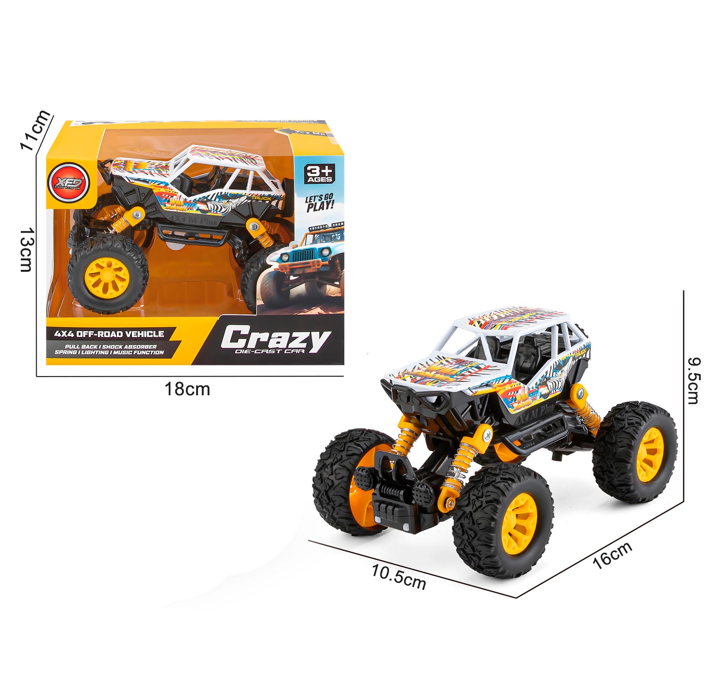 Coche Todoterreno de Metal de Fricción Pullback Buggy 4x4 con Suspensión Real de Resorte Luces LED y Sonido para Niños