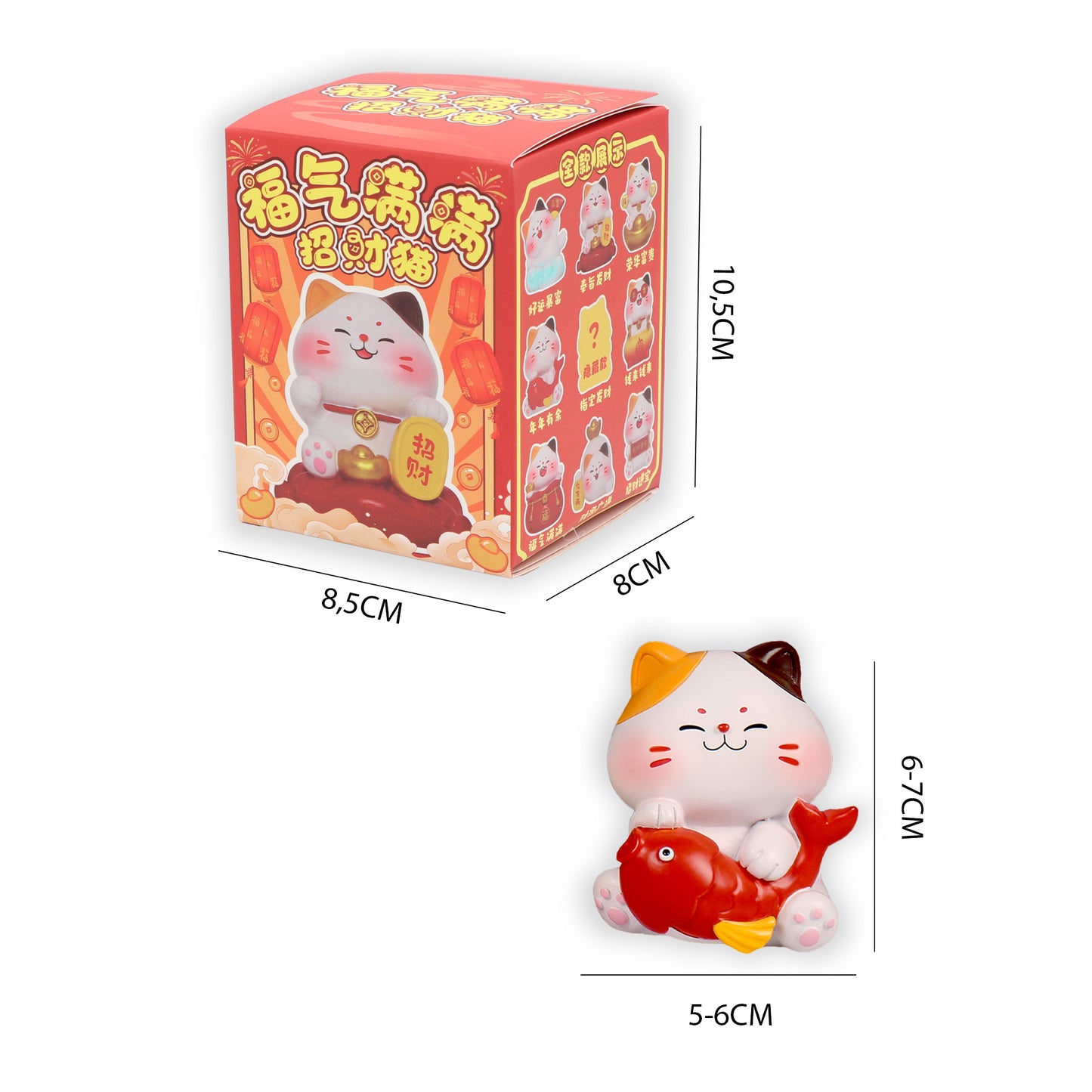 Dimensiones blind box Gato de la Fortuna Newplay - medidas figura y caja