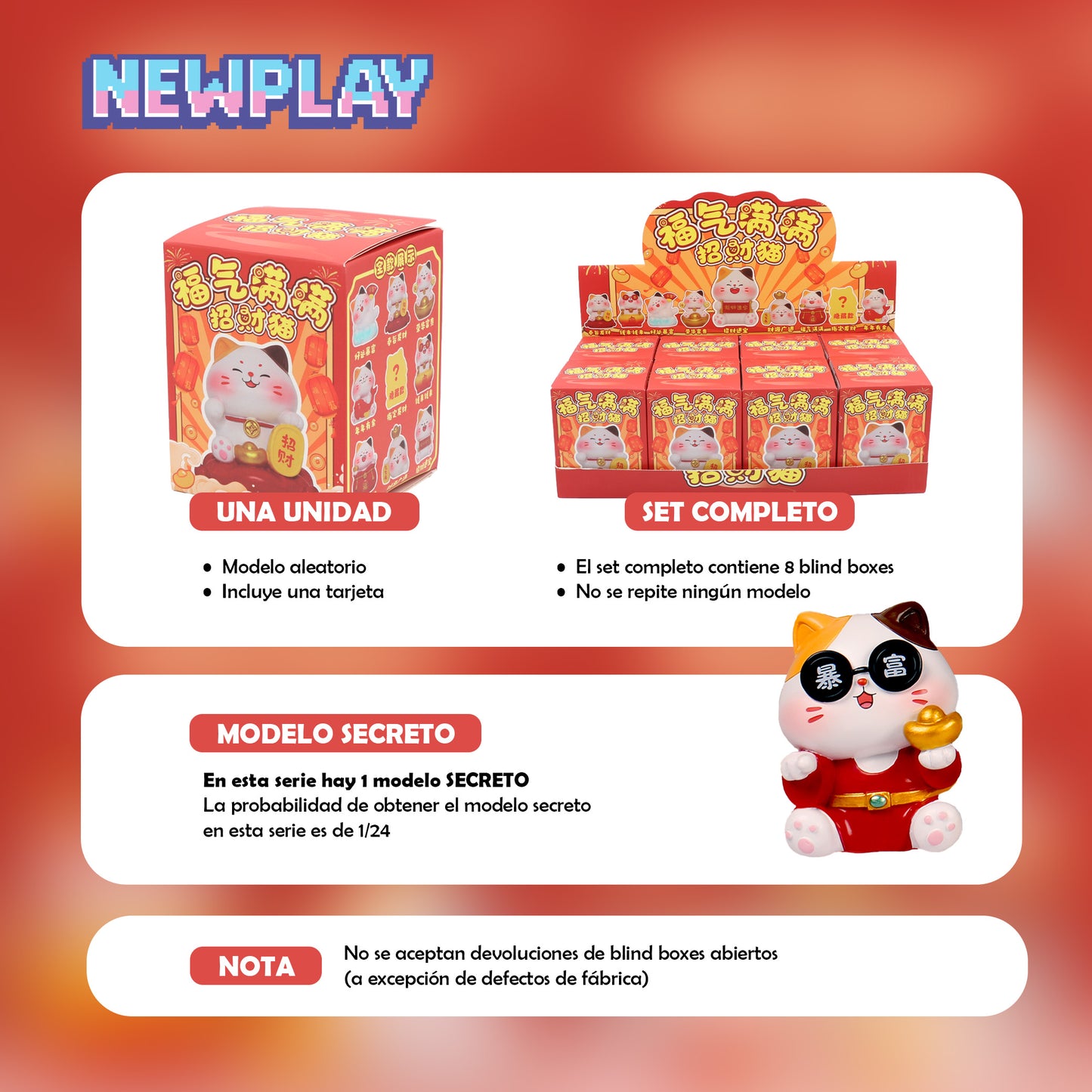 Detalles blind box Gato de la Fortuna Newplay - información serie y modelo secreto