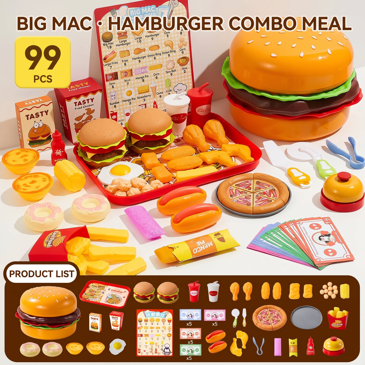 Set de 99 piezas Comida Rápida de Juguete con Hamburguesa Gigante para Guardar Alimentos de Juguete para Cortar para Niños