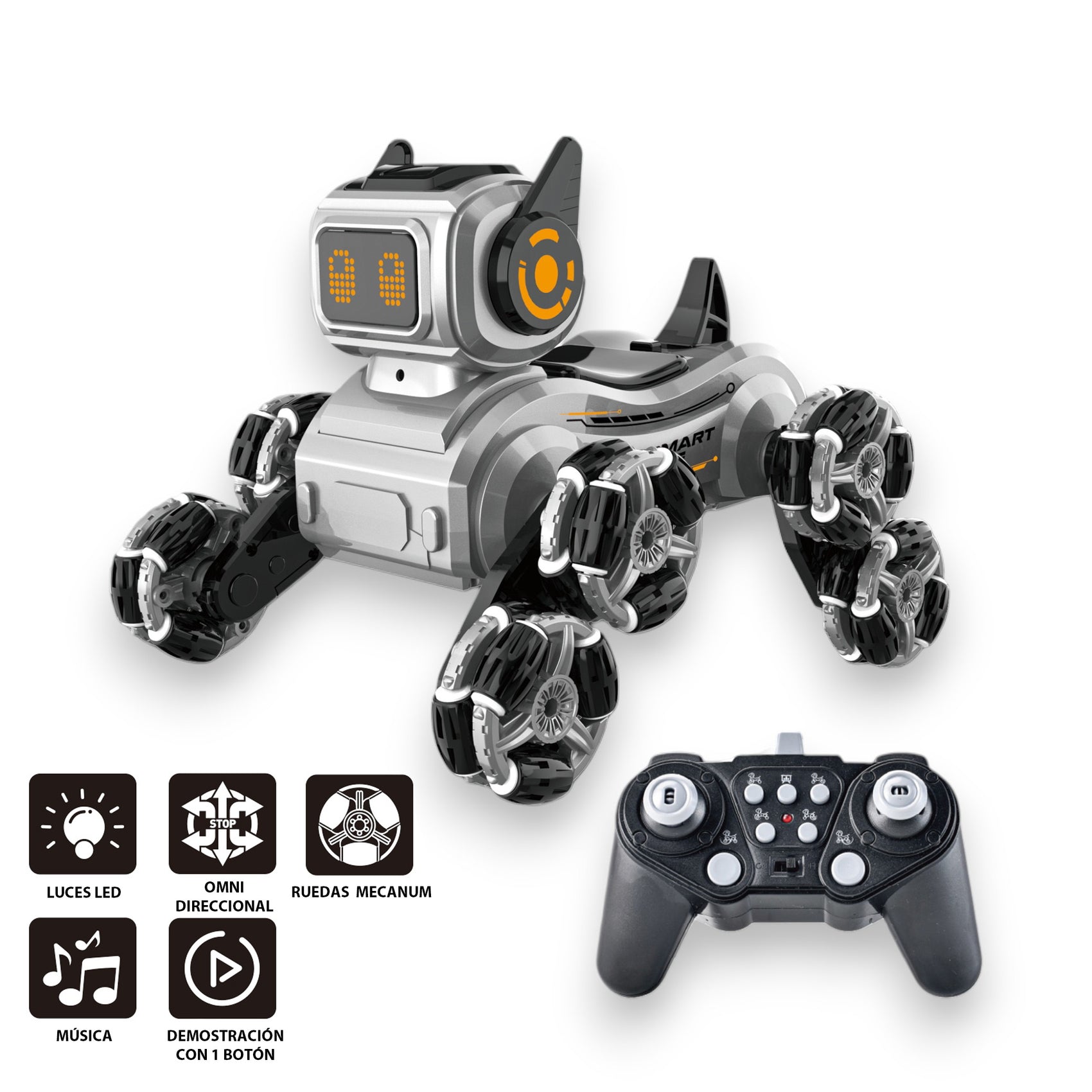 Perro Robot Acrobático Radiocontrol Inteligente Movimiento 360 Grados con 8 Ruedas Luces Sonidos y Música
