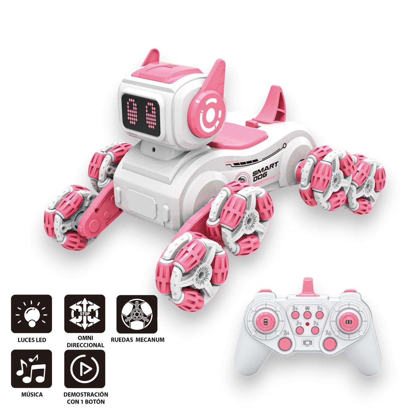 Perro Robot Acrobático Radiocontrol Inteligente Movimiento 360 Grados con 8 Ruedas Luces Sonidos y Música