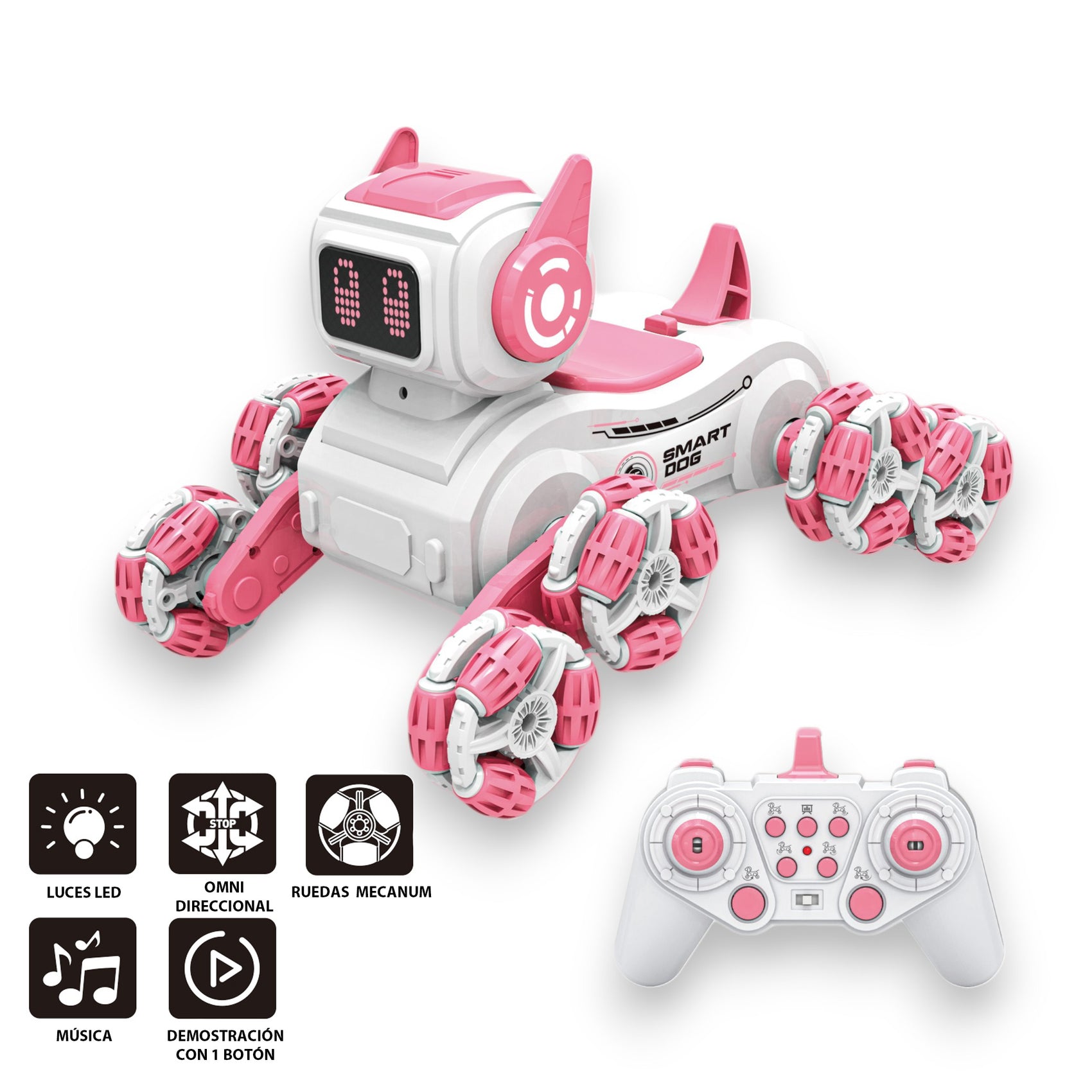 Perro Robot Acrobático Radiocontrol Inteligente Movimiento 360 Grados con 8 Ruedas Luces Sonidos y Música