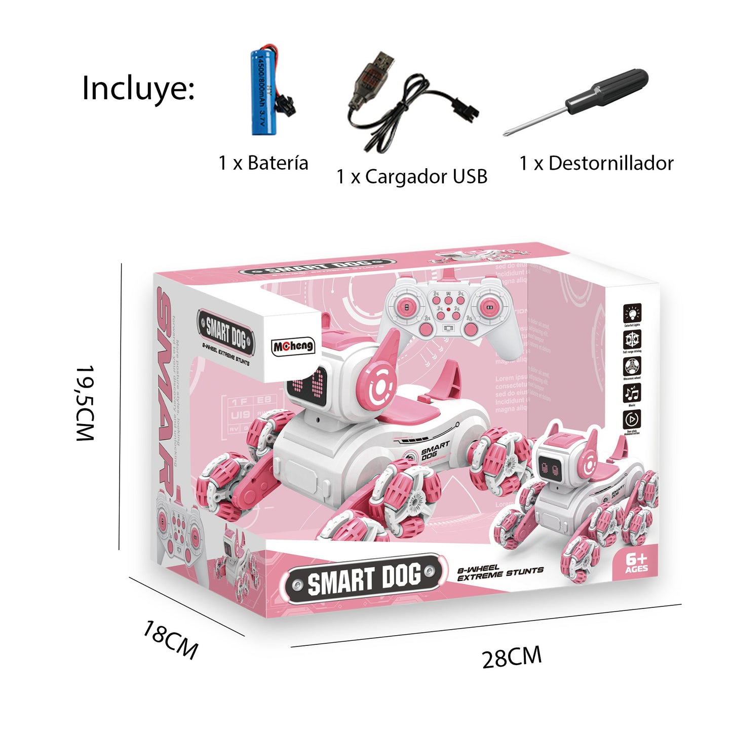 Perro Robot Acrobático Radiocontrol Inteligente Movimiento 360 Grados con 8 Ruedas Luces Sonidos y Música