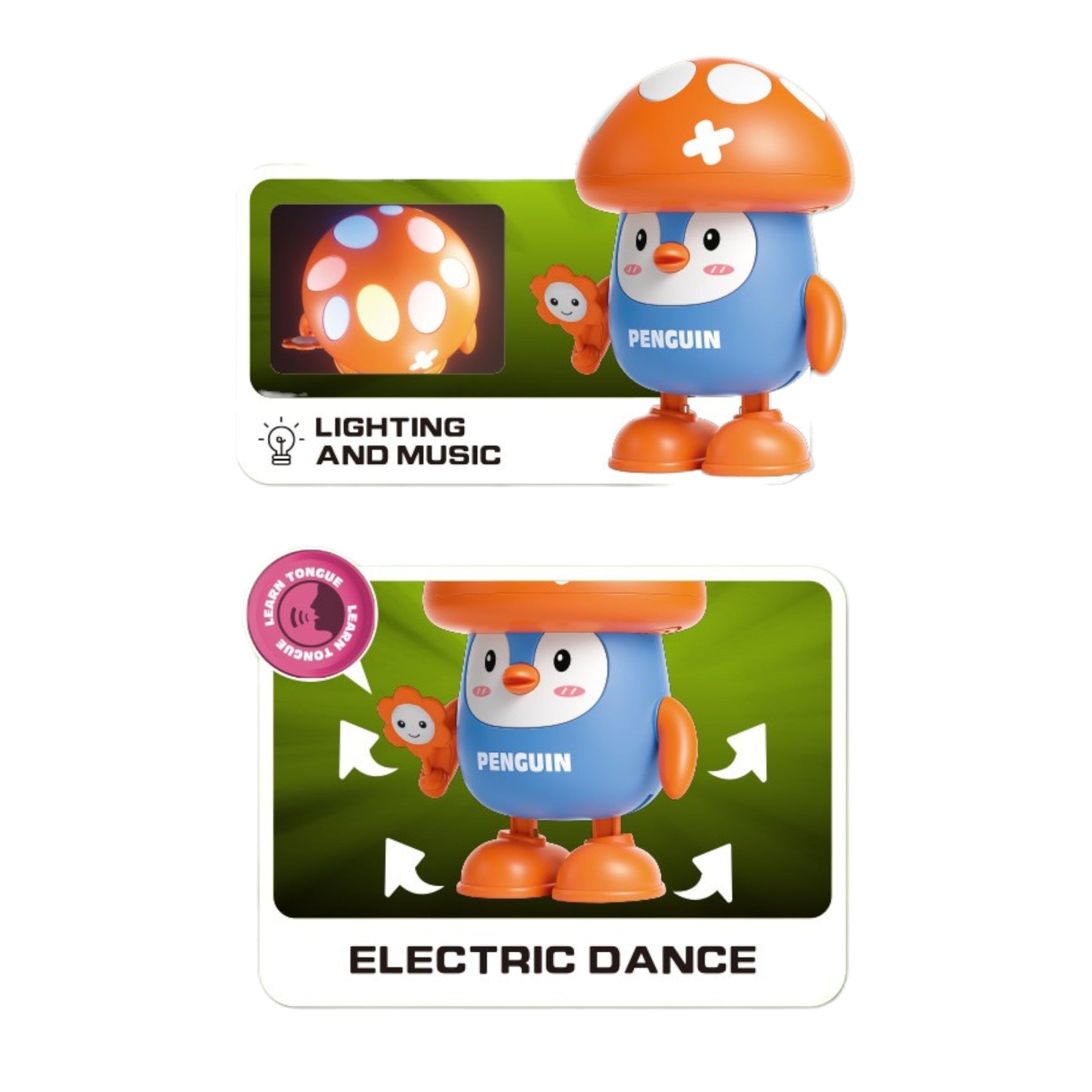 Pingüino Cabeza de Champiñón Bailarín con Luces y Música