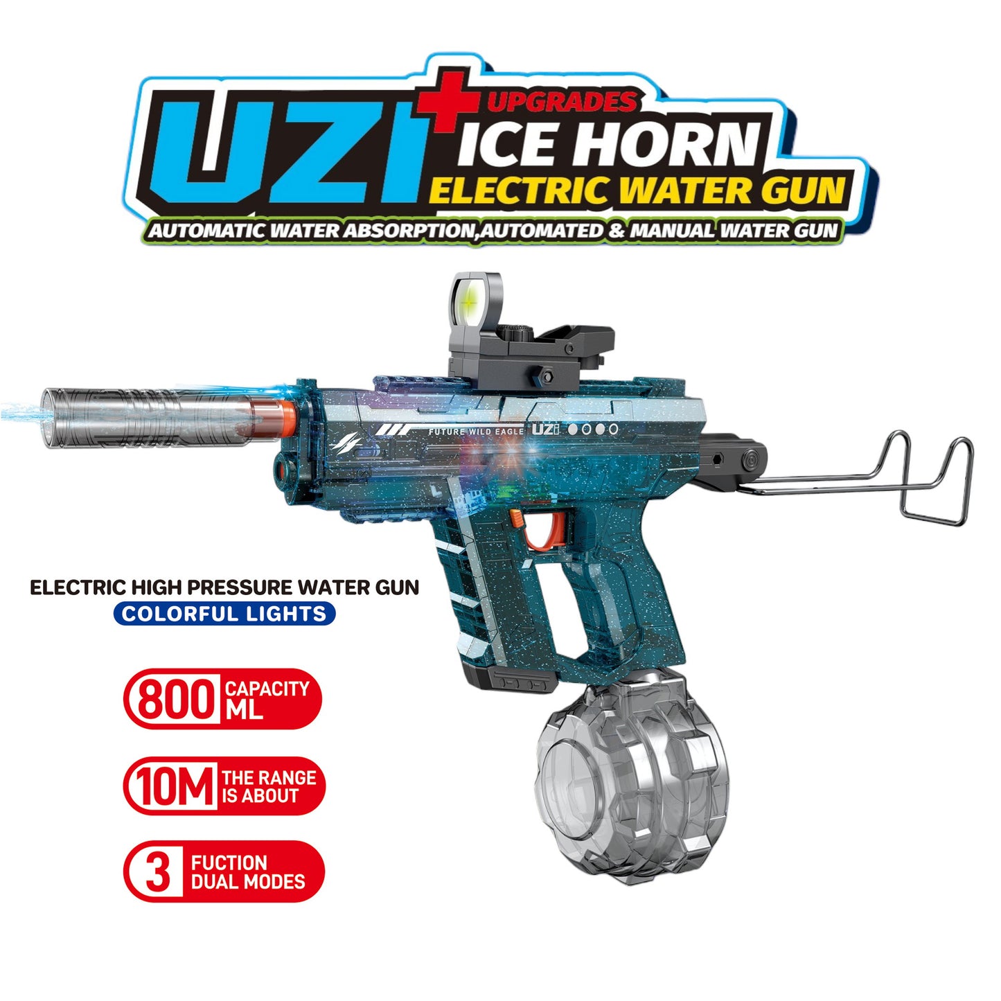 Pistola de Agua Eléctrica ICE HORN Azul 800ml Alcance 10m con Luces para Niños y Adultos
