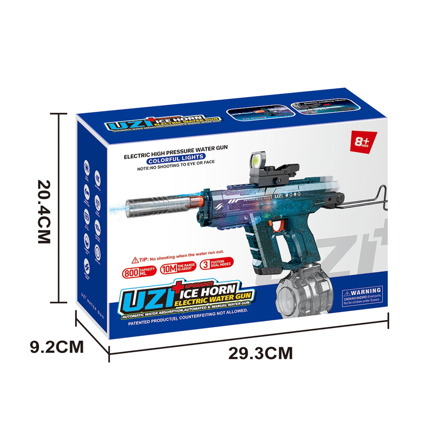 Pistola de Agua Eléctrica ICE HORN Azul 800ml Alcance 10m con Luces para Niños y Adultos