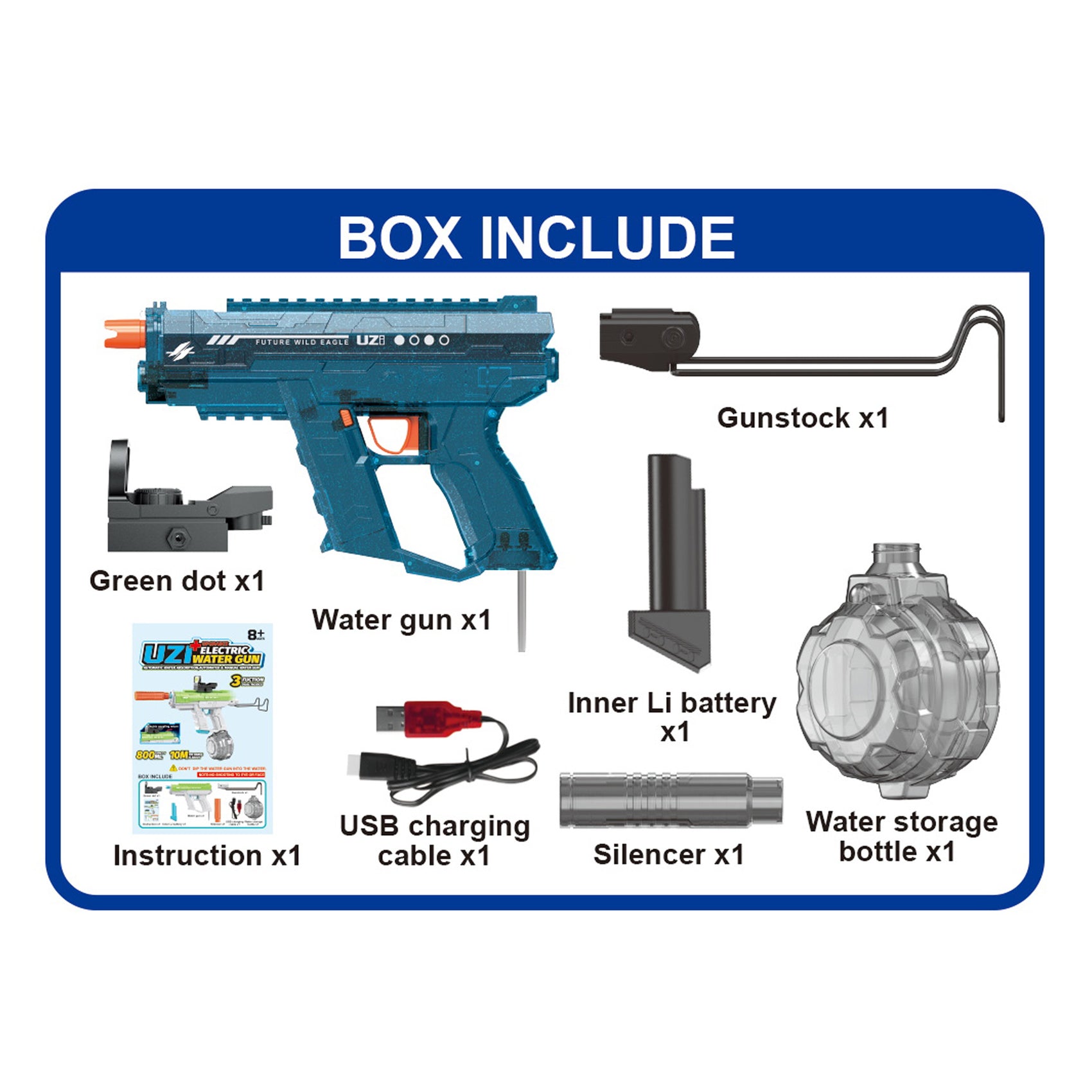 Pistola de Agua Eléctrica ICE HORN Azul 800ml Alcance 10m con Luces para Niños y Adultos