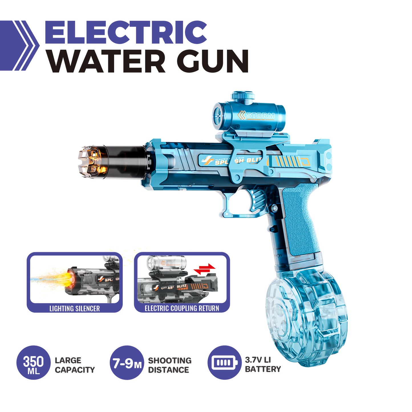 Pistola de Agua Eléctrica Automática Recargable Azul 350ml Alcance 9m con Luces para Niños y Adultos