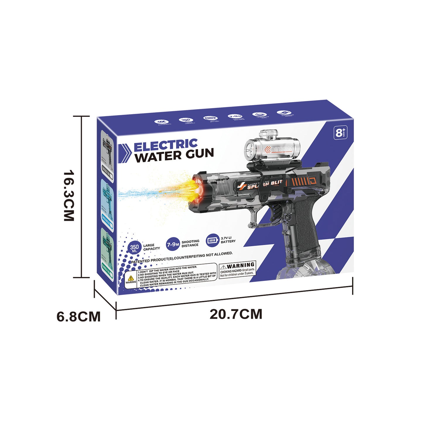 Pistola de Agua Eléctrica Automática Recargable Azul 350ml Alcance 9m con Luces para Niños y Adultos