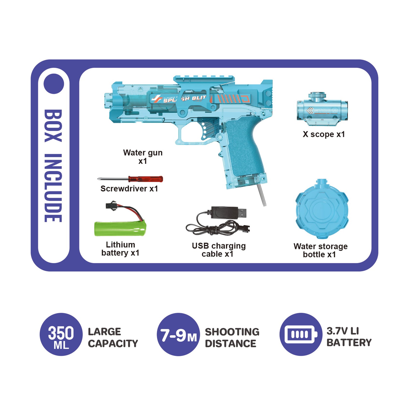 Pistola de Agua Eléctrica Automática Recargable Azul 350ml Alcance 9m con Luces para Niños y Adultos