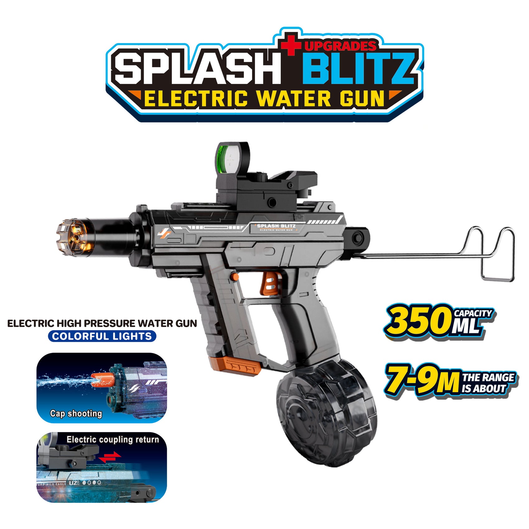 Pistola de Agua Eléctrica Automática Recargable UZI Gris 350ml Alcance 9m con Luces para Niños y Adultos