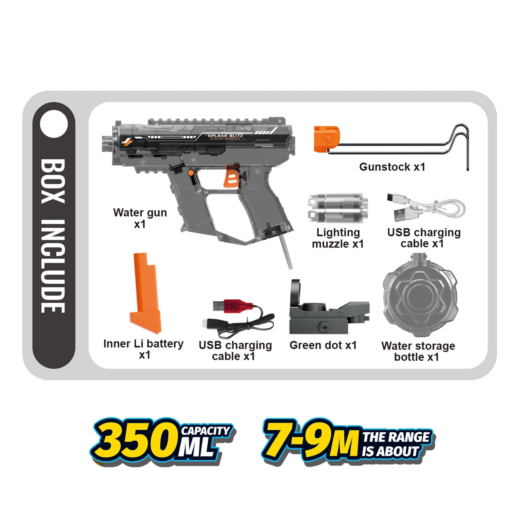 Pistola de Agua Eléctrica Automática Recargable UZI Gris 350ml Alcance 9m con Luces para Niños y Adultos