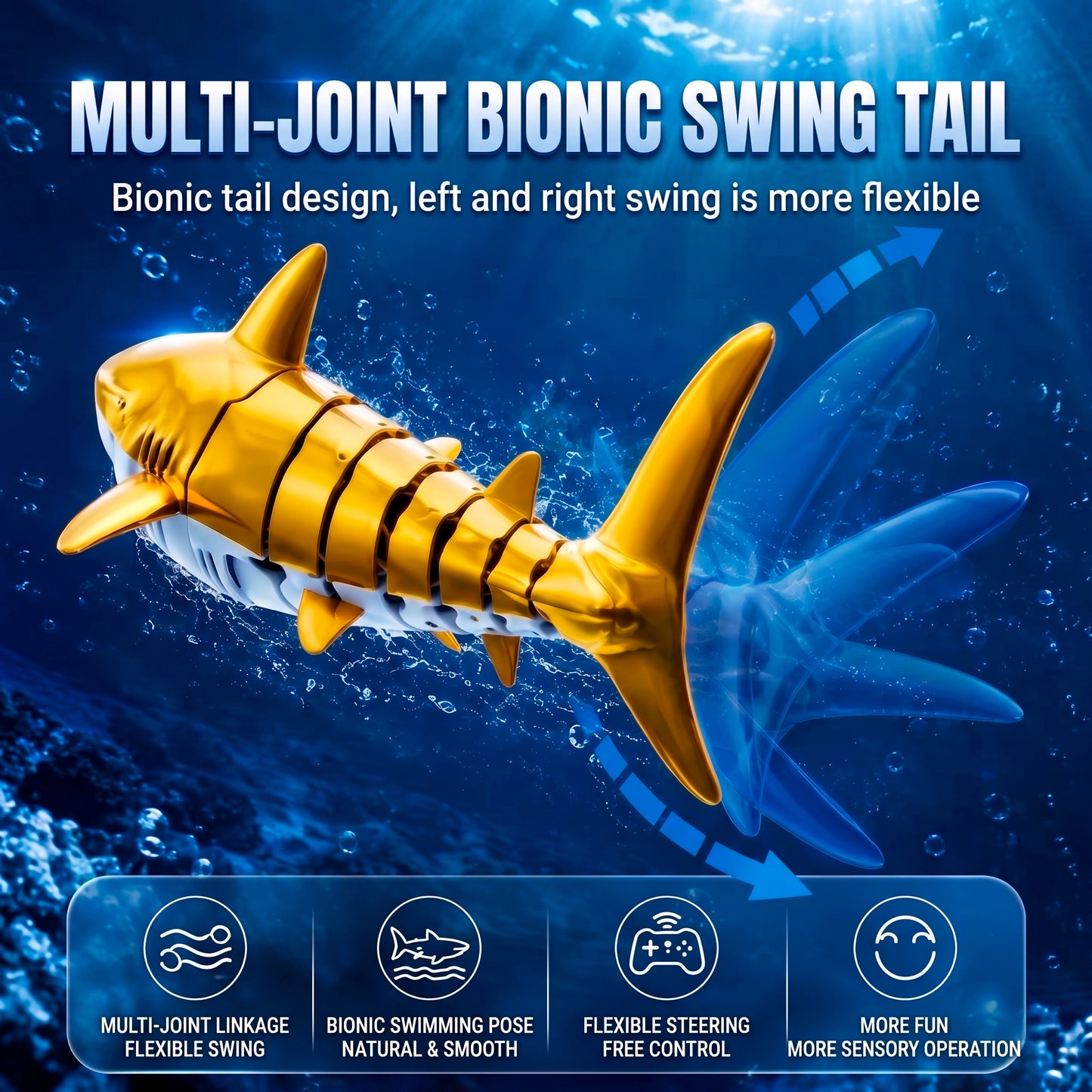 Tiburón Dorado Robótico Sumergible Teledirigido 50m Distancia Movimiento Articulado Realista Juguete Acuático Articulado para Niños y Adultos