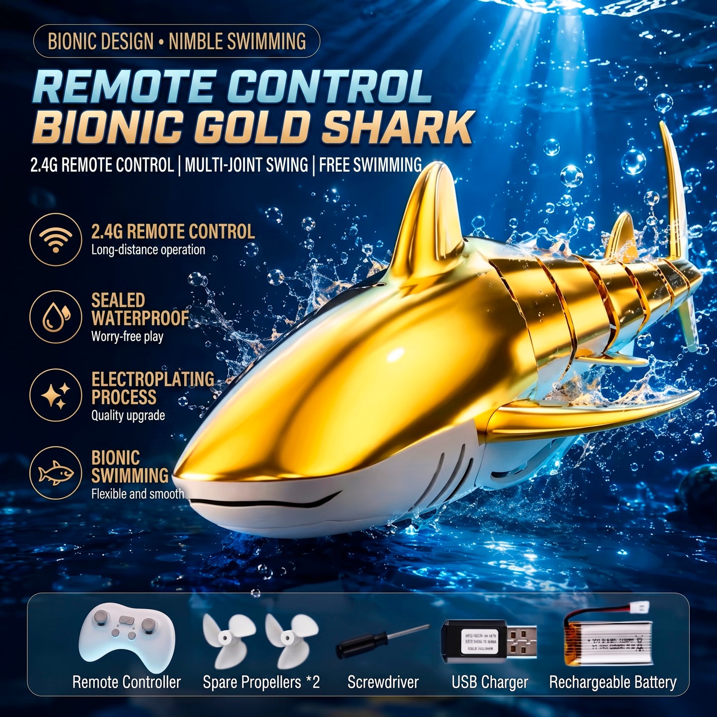 Tiburón Dorado Robótico Sumergible Teledirigido 50m Distancia Movimiento Articulado Realista Juguete Acuático Articulado para Niños y Adultos
