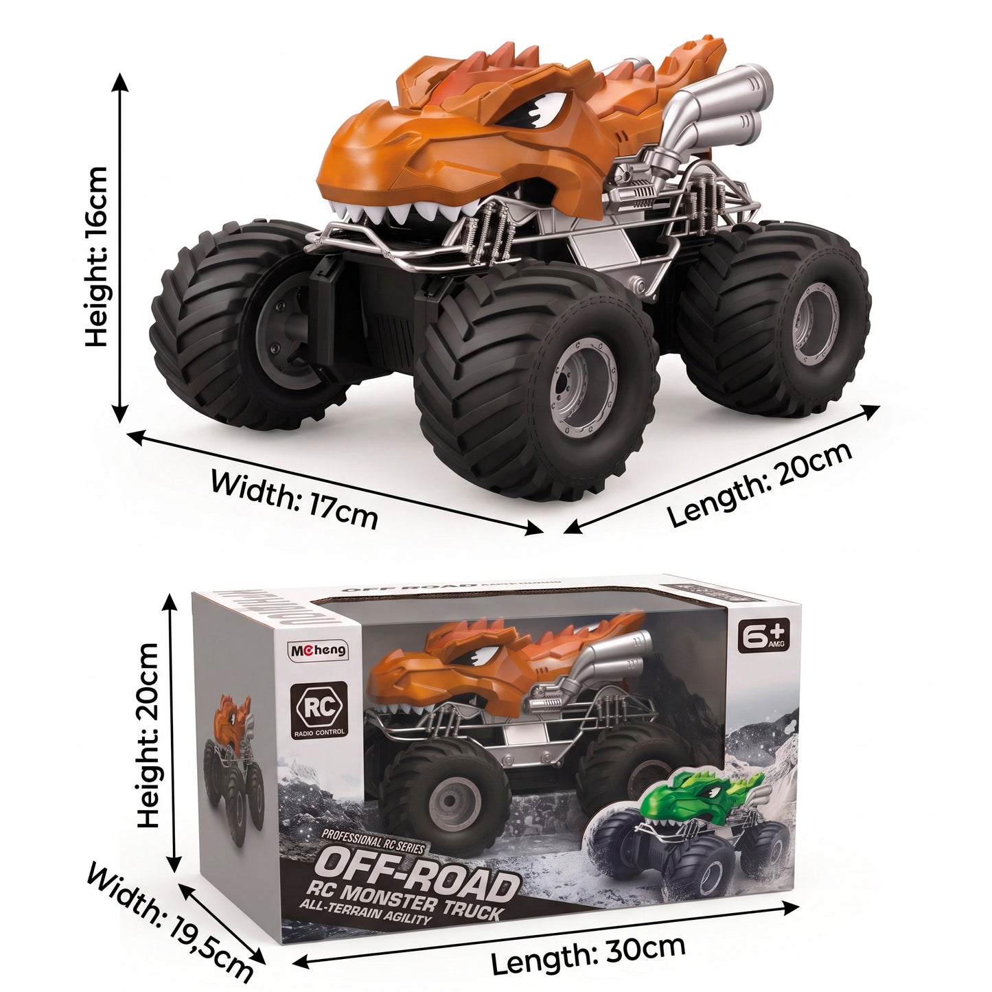 Coche Teledirigido 4x4 Diseño Dinosaurio Monster Truck Radiocontrol Todoterreno con Batería Recargable para Niños y Adultos