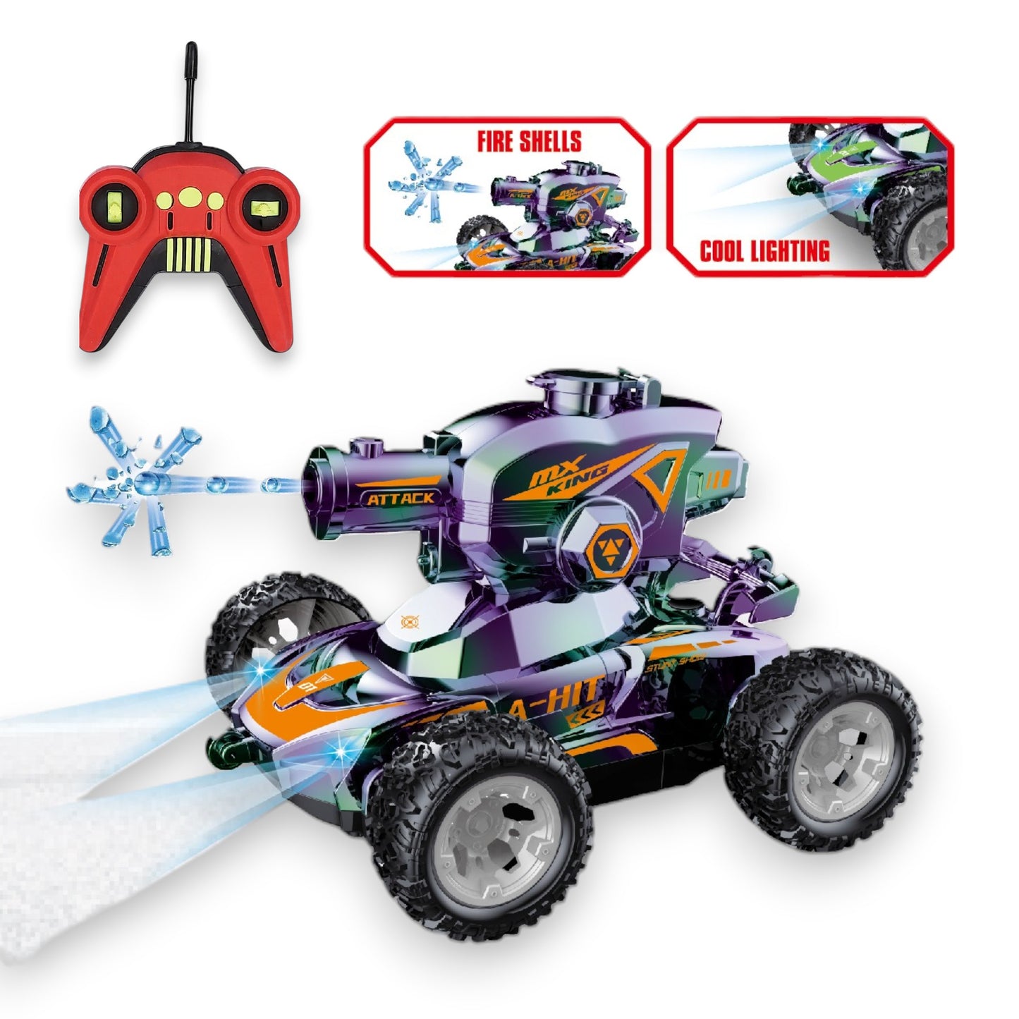Coche Radiocontrol Cromado Multicolor con Lanzador de Bolas de Gel con Luces Escala 1:18