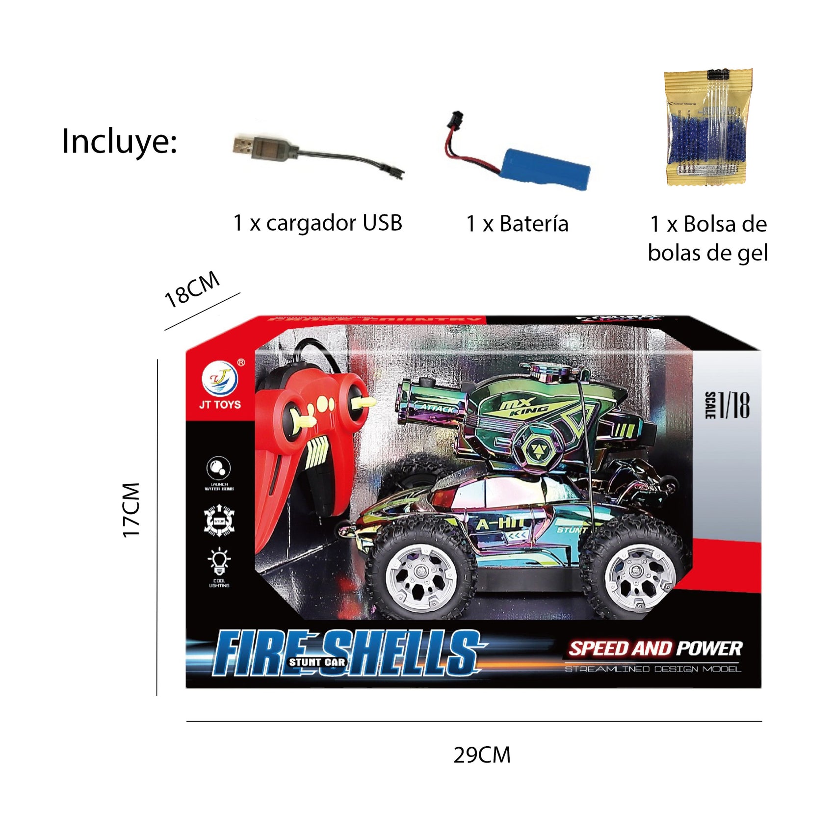 Coche Radiocontrol Cromado Multicolor con Lanzador de Bolas de Gel con Luces Escala 1:18