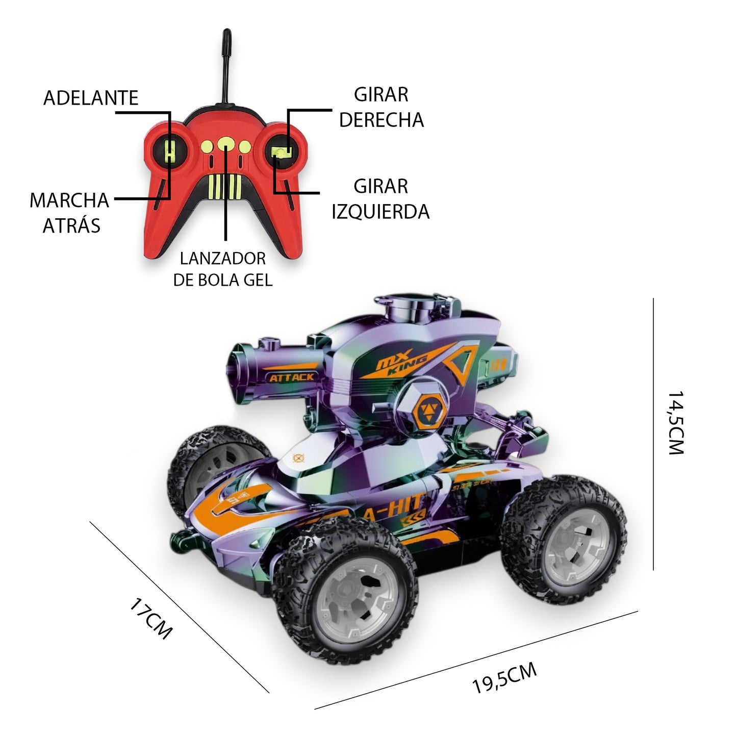 Coche Radiocontrol Cromado Multicolor con Lanzador de Bolas de Gel con Luces Escala 1:18