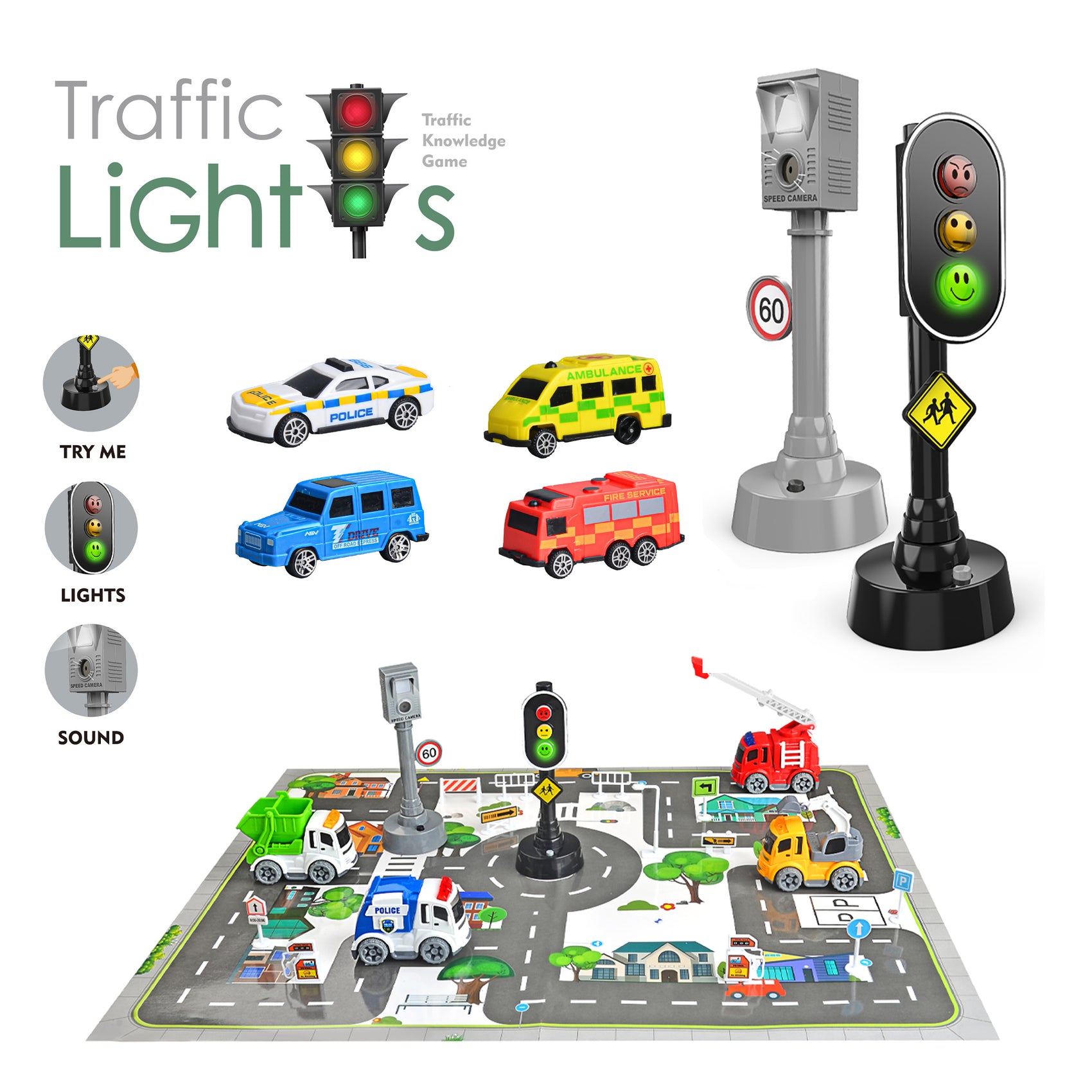 Set Juego de Tráfico Interactivo con Semáforo Cámara de Velocidad con Luces y Sonidos Coches Camiones y 13 señales de tráfico