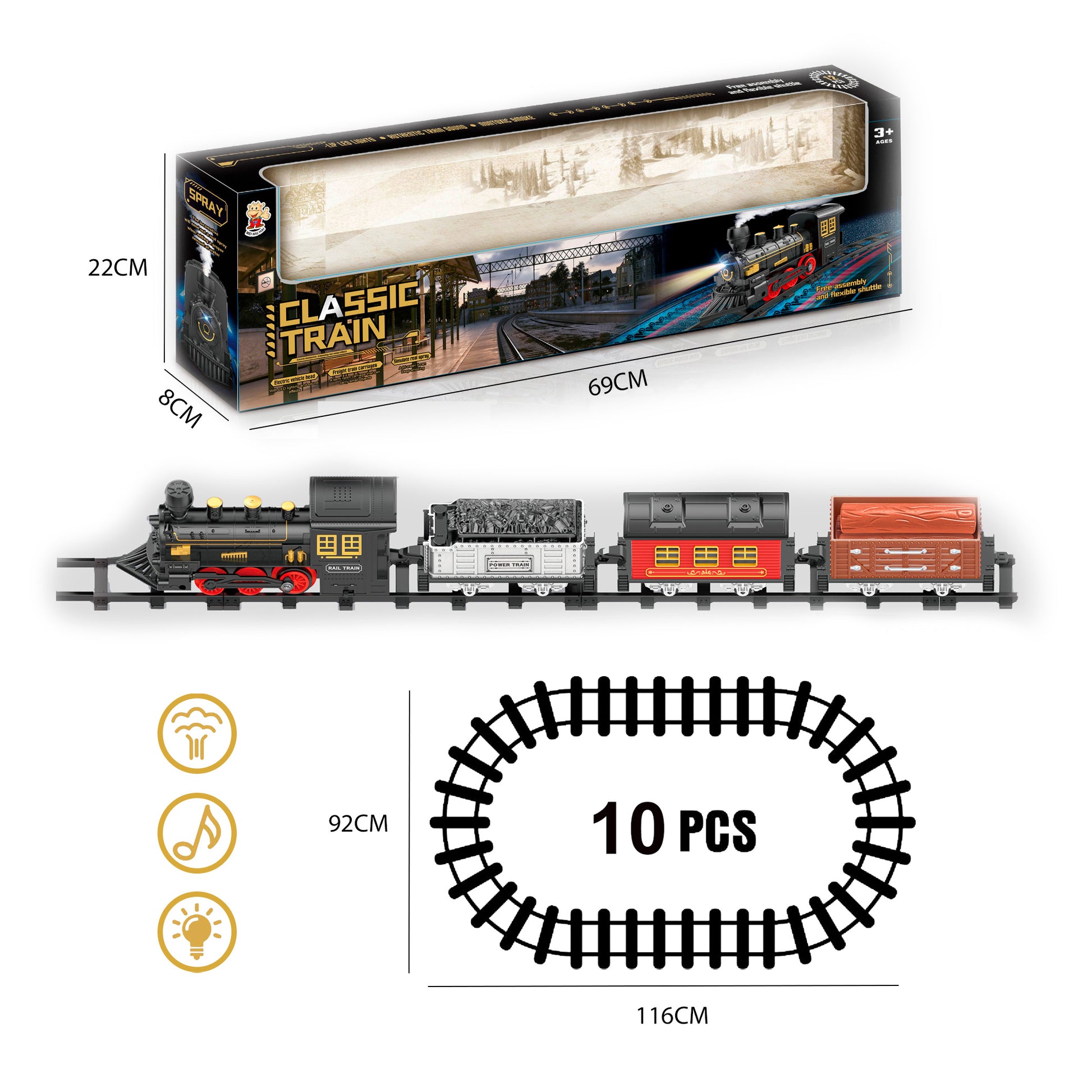 Caja tren vapor clásico con tres vagones y raíles Newplay - empaque producto