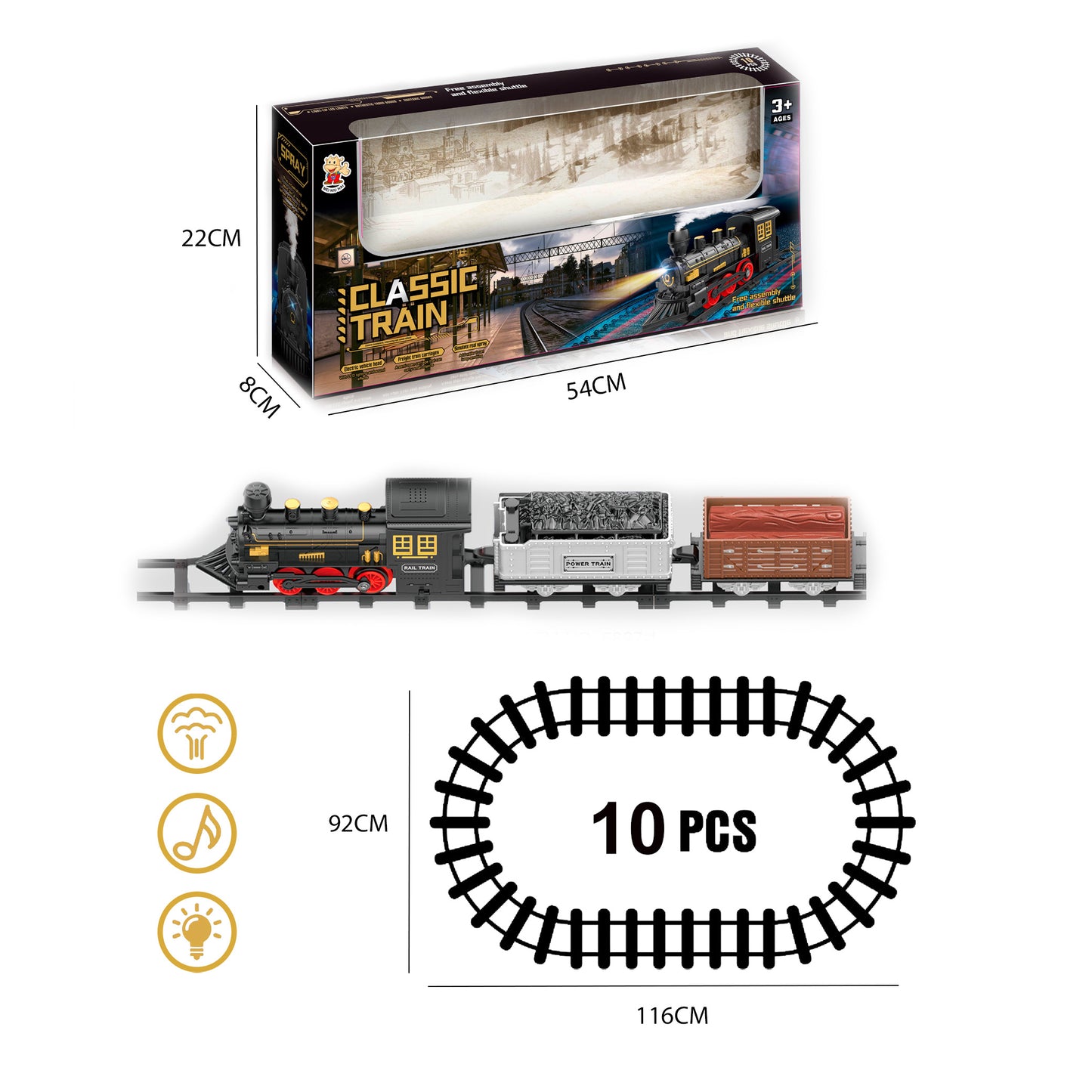 Caja tren vapor clásico con vagones y raíles Newplay - empaque producto